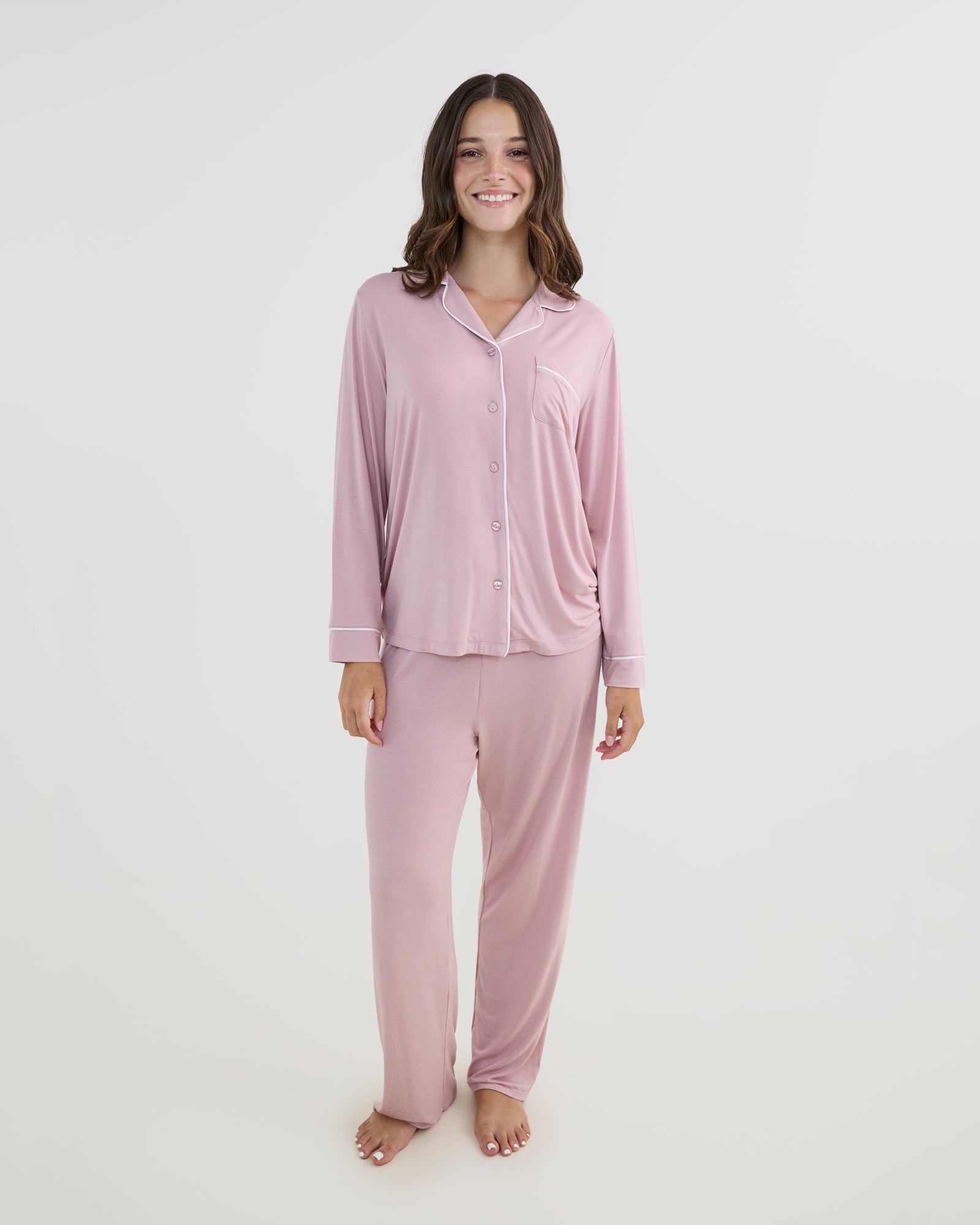 Bamboo Bliss Long Sleeve PJ Top in PALE MAUVE. Flat lay back view