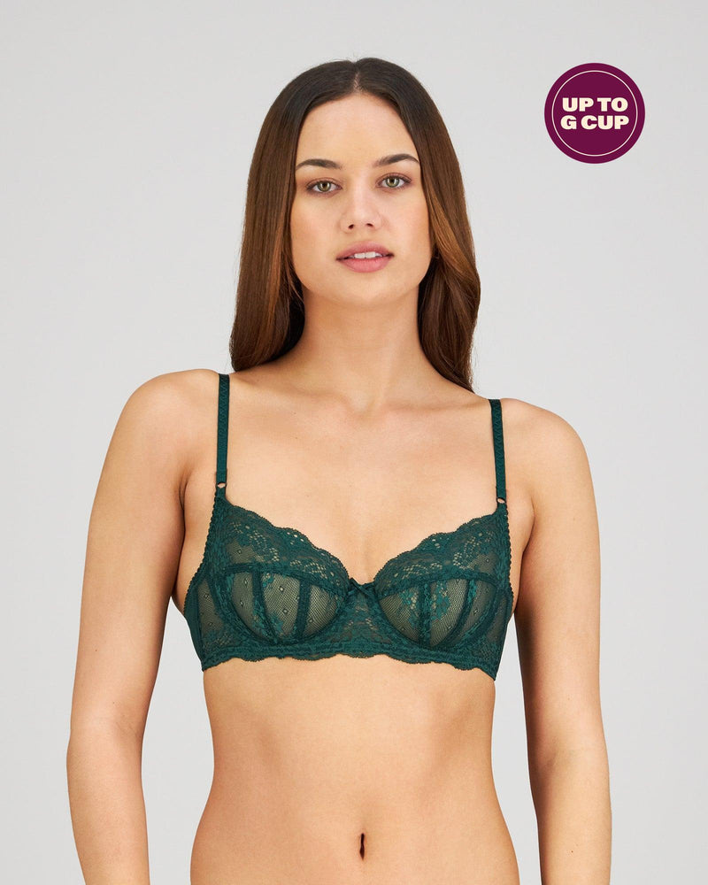 Model wears Sofia Underwire Bra in RAIN FOREST. On body front view