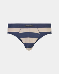 Model wears Rugby Stripe Mens Brief in RIVIERA STRIPE. On body front view