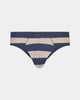Model wears Rugby Stripe Mens Brief in RIVIERA STRIPE. On body front view