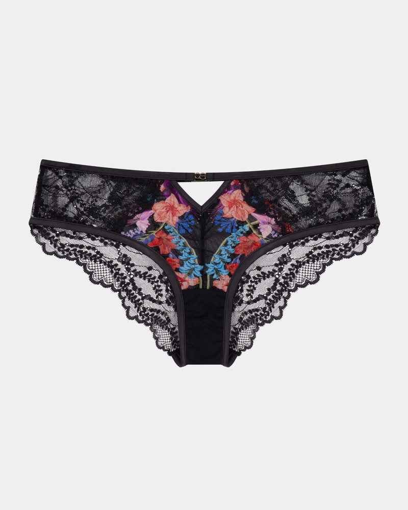 Adaline Brazilian in BLACK FLORAL PRINT. Flat lay front view