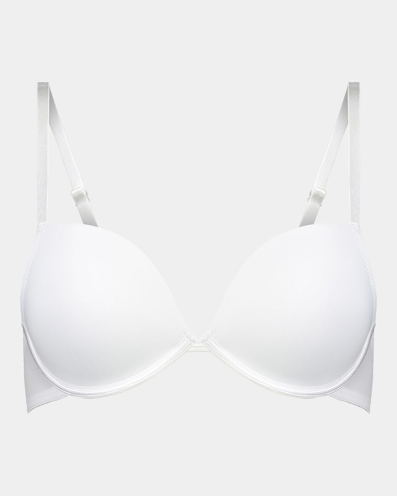Model wears Body Basics Push Up Bra in WHITE. On body front view