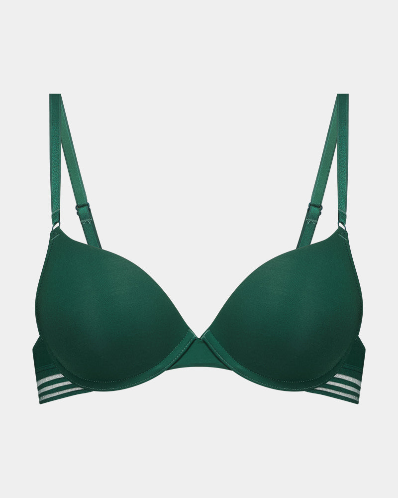 Stripe Elastic & Papertouch Push Up Bra in RAIN FOREST. Flat lay front view