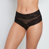 Model wears Lace Full Brief in BLACK. On body front view