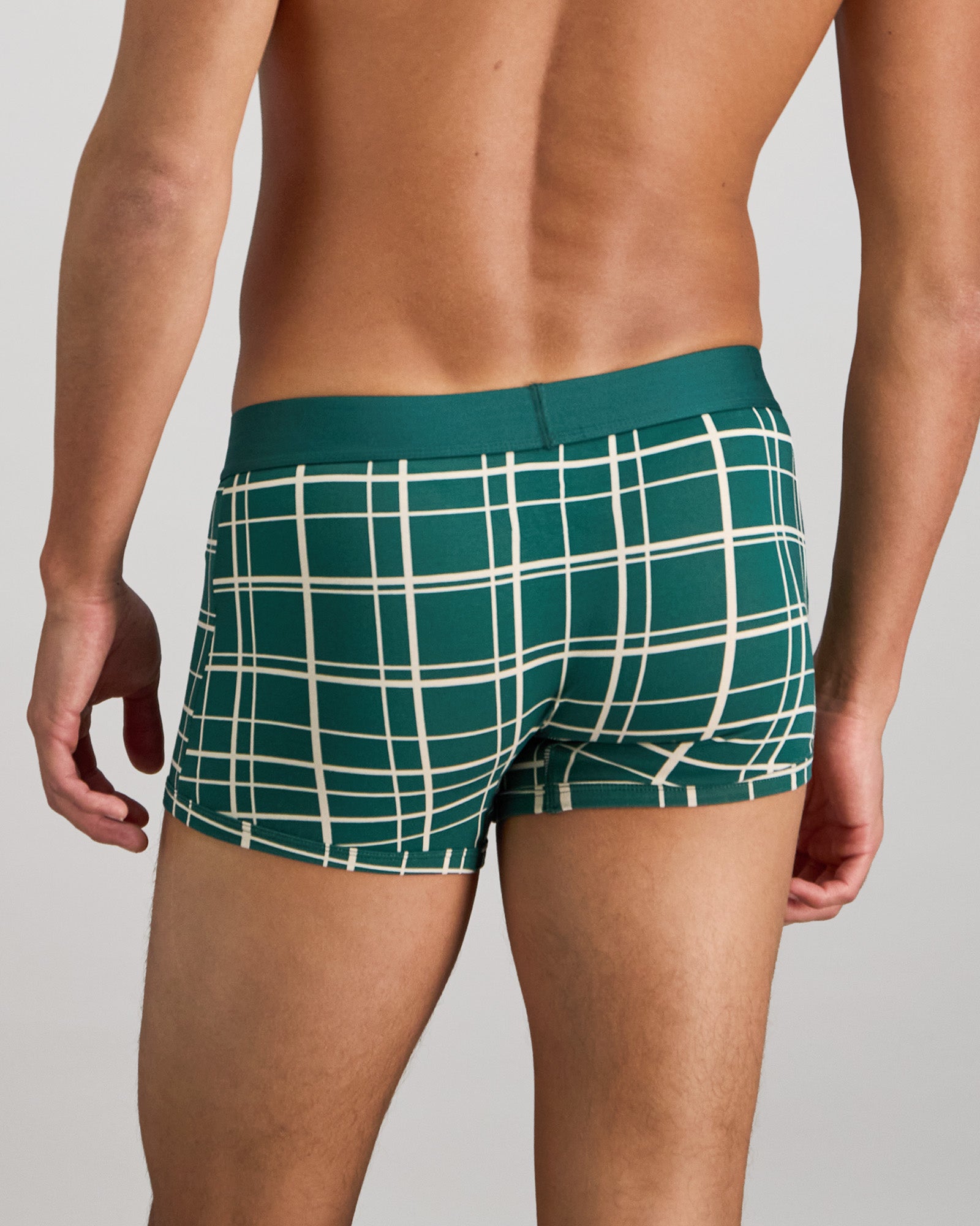 Model wears Retros Print Mens Trunk in RAIN FOREST GRID PRINT. On body back view