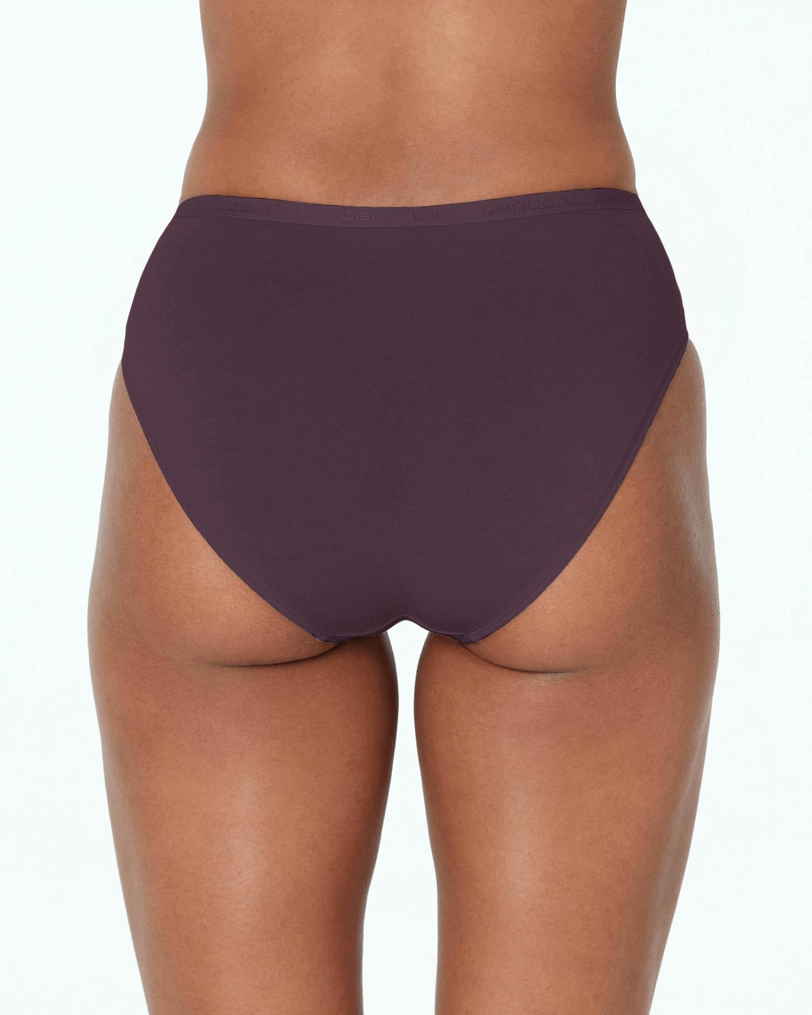 Model wears Body Cotton High Cut Brief in PLUM PERFECT. On body back view