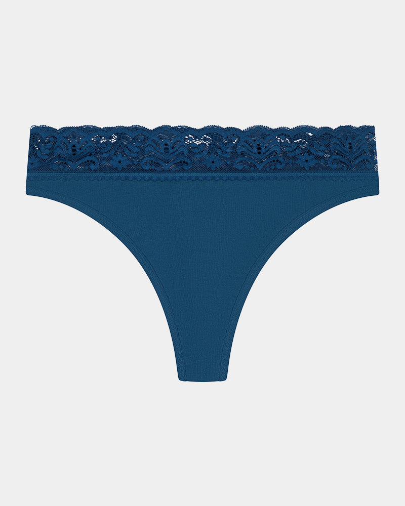 Cotton And Lace Thong in REFLECTING POND. Flat lay front view