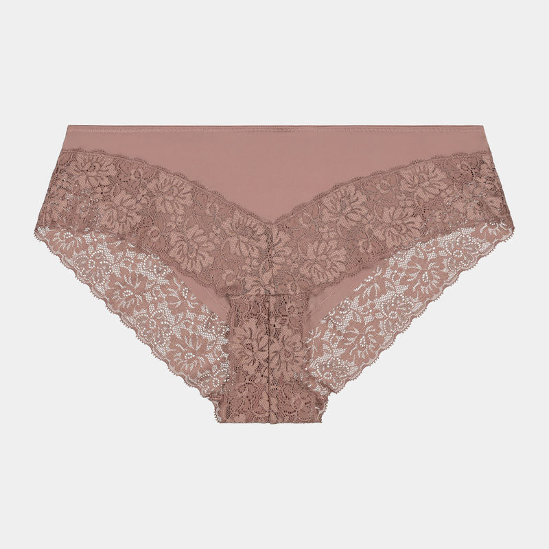 Lace Trim Brazilian in MOCHA. Flat lay front view