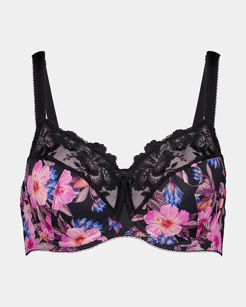 Wild Violet Underwire Bra in TANGLED GARDEN PRINT. Flat lay front view