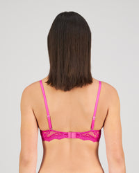 Model wears My Fit Lace Push Up Bra in FANTASY FUCHSIA. On body back view