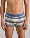 Model wears Rugby Stripe Mens Trunk in INDIGO/ICEBERG/SMOKE. On body front view
