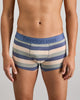 Model wears Rugby Stripe Mens Trunk in INDIGO/ICEBERG/SMOKE. On body front view