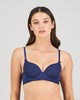 Model wears Bendon Body Lace Contour Bra in Medieval Blue. On body front view
