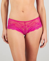 Model wears My Fit Lace Brazilian in FANTASY FUCHSIA. On body front view