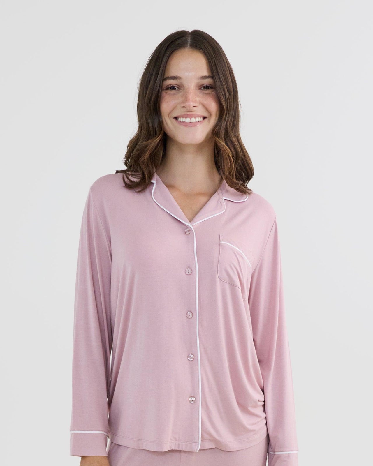 Model wears Bamboo Bliss Long Sleeve PJ Top in PALE MAUVE. On body front view