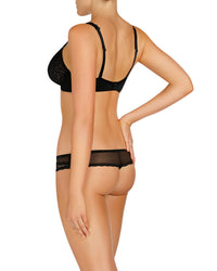 Model wears Ece Queen Underwire Bra in BLACK/SOFT PINK. On body back view