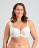 Model wears Thea Underwire Bra in WHITE. On body front view