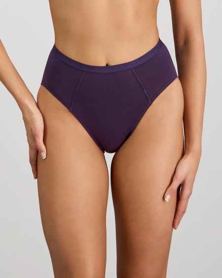 Model wears Body Cotton High Cut Brief in PURPLE VELVET. On body front view