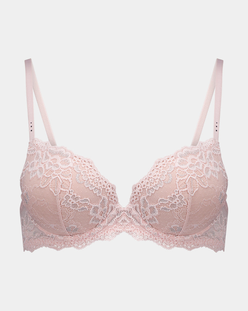 My Fit Lace Push Up Bra in FROSTED PINK. Flat lay front view