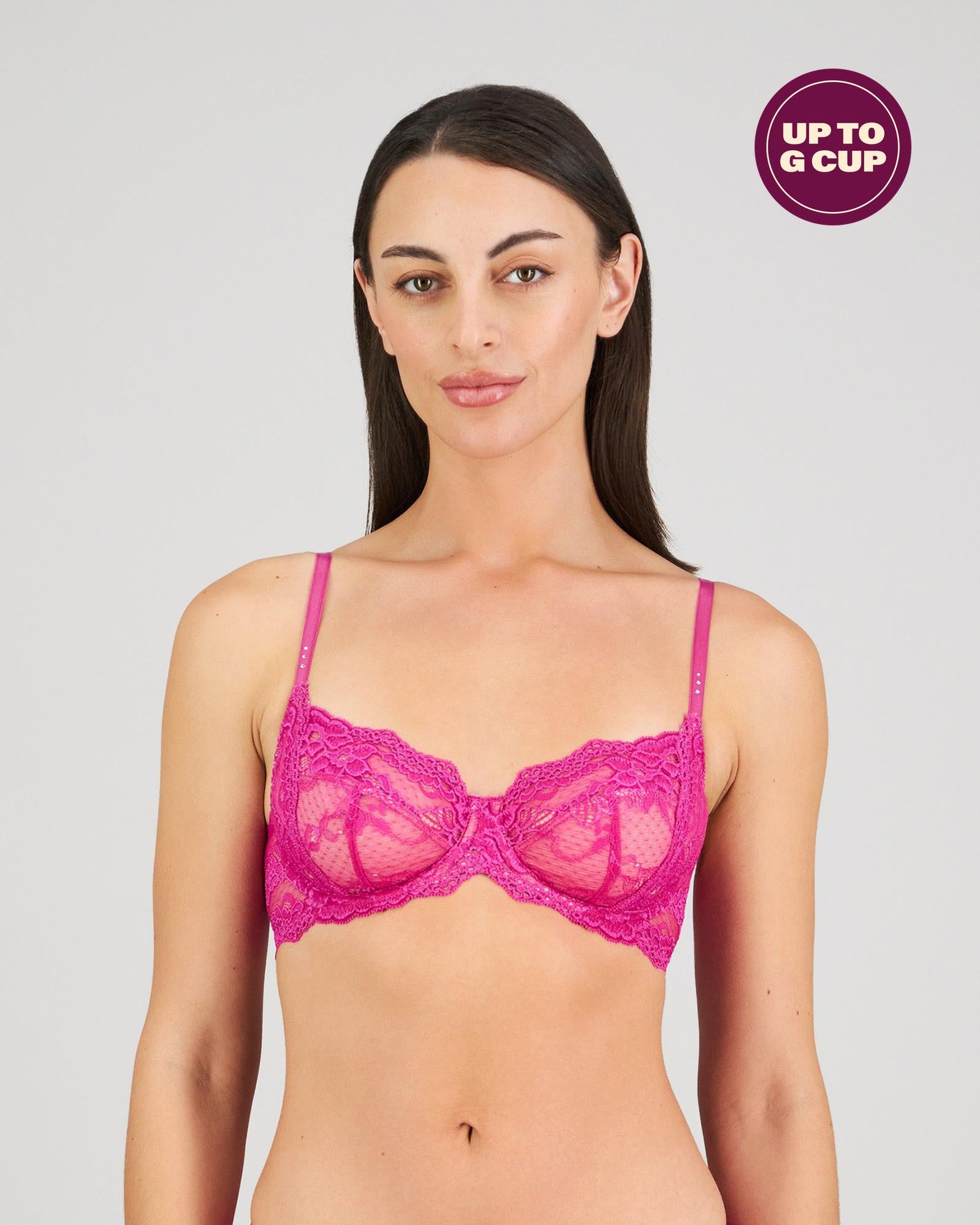 Model wears My Fit Lace Underwire Bra in FANTASY FUCHSIA. On body front view