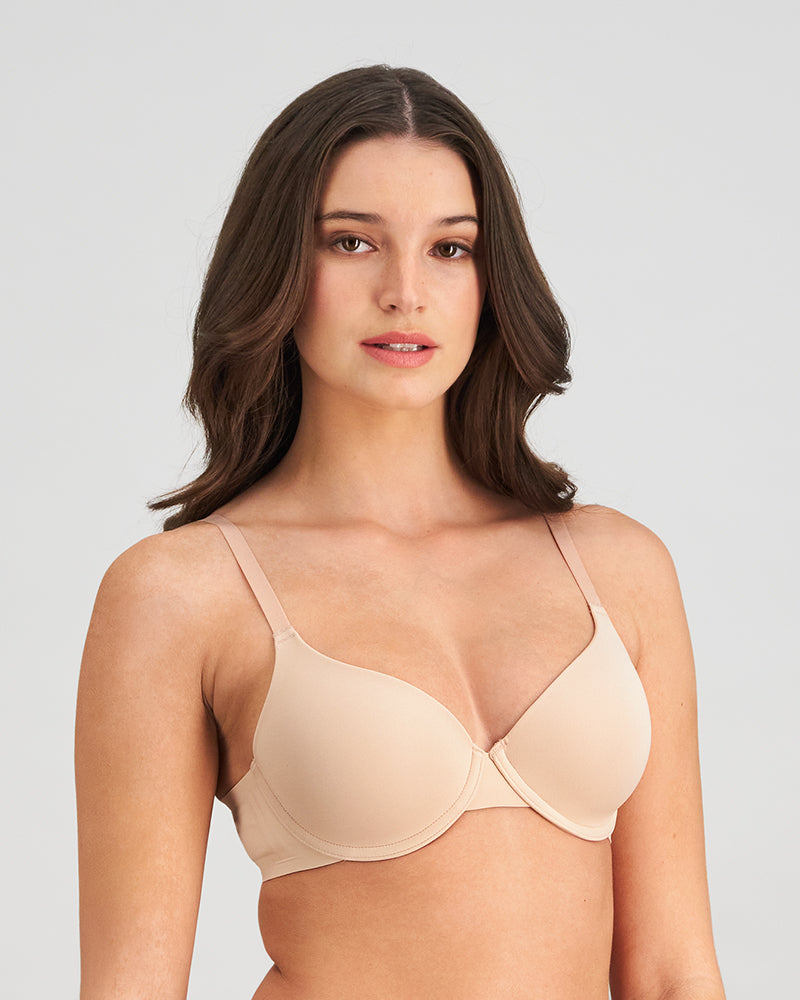 Model wears Comfit Collection Contour Bra in LATTE. On body side view