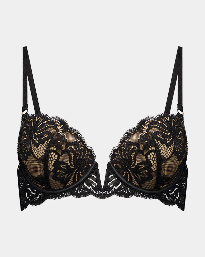 Skylar Push Up Bra in BLACK. Flat lay front view