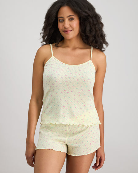 Model wears Smoothie Cami & Short Set in TRANSPARENT YELLOW. On body front view