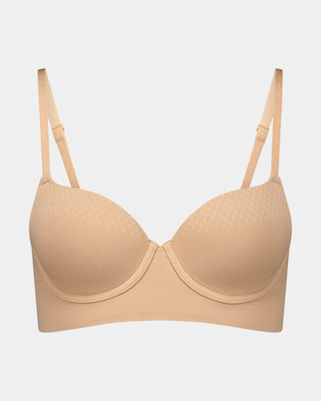 Play Contour Long Line Bra in TUSCANY. Flat lay front view