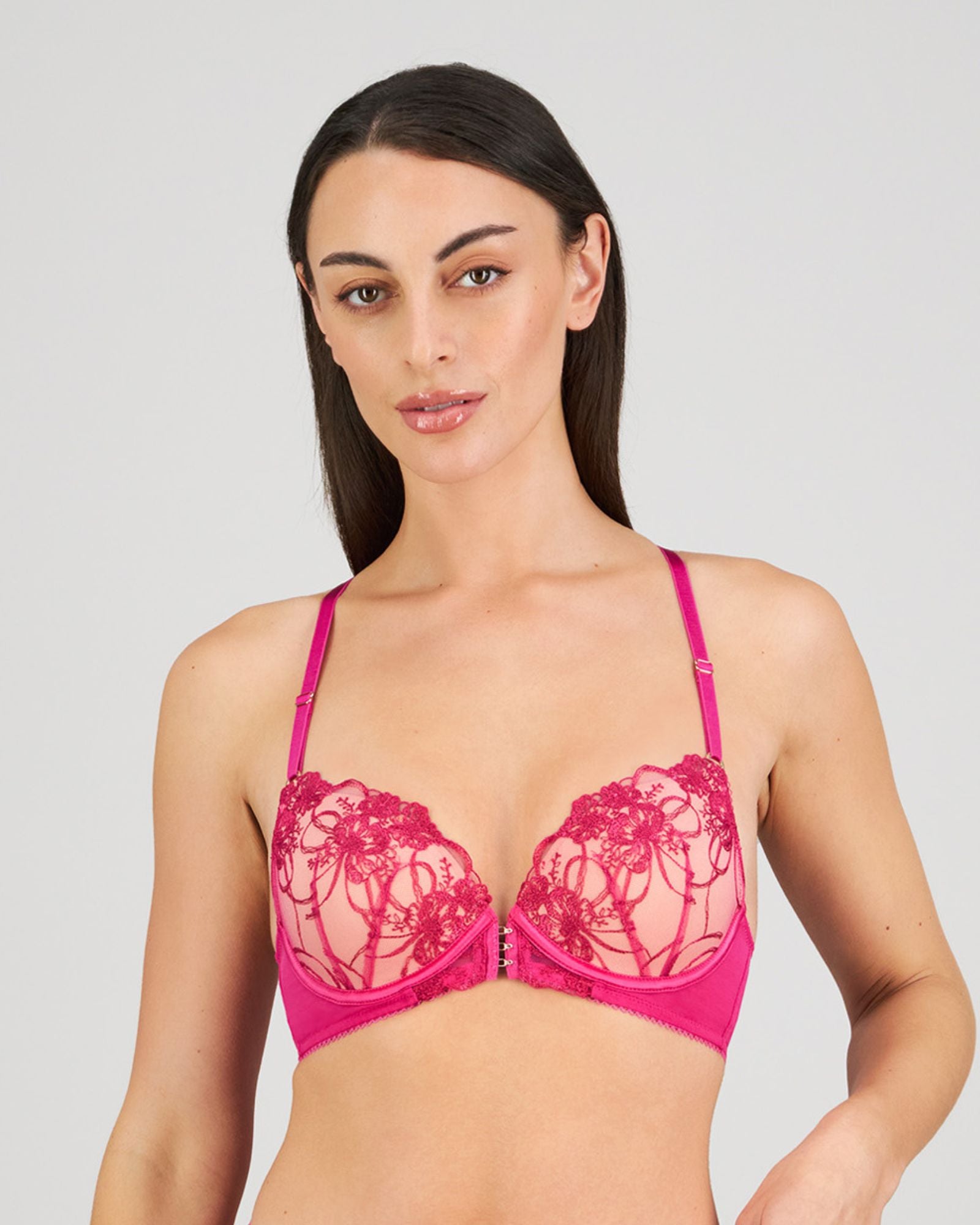 Model wears Heritage Bloom Push Up Front Opening Bra in FANTASY FUCHSIA. On body front view