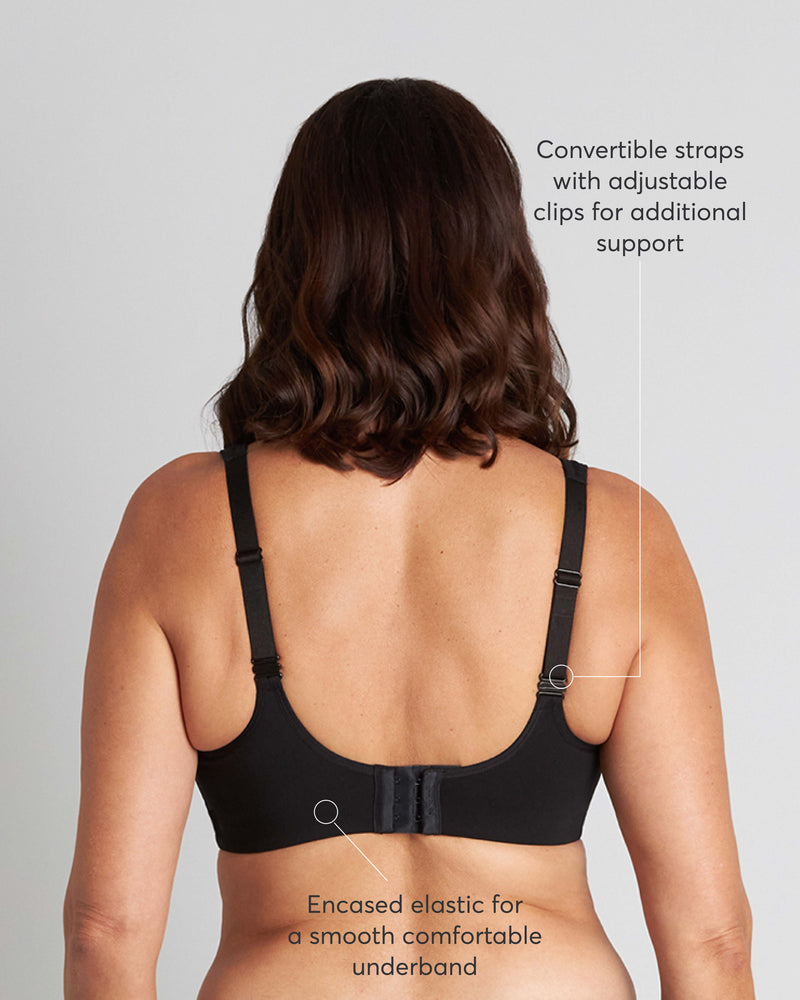 Power Underwire Bra in BLACK. Flat lay back view
