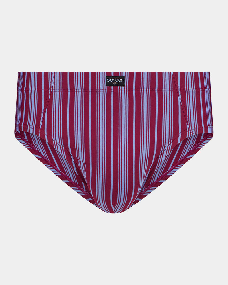 Cotton Stretch Mens Brief in TIBETAN RED STRIPE. Flat lay front view