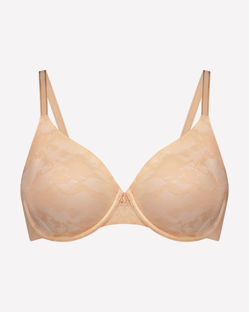 Lace Sculpt Underwire Bra in LATTE. Flat lay front view