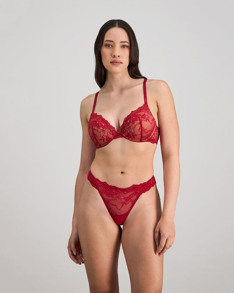 My Fit Lace Push Up Bra in JESTER RED. Feature shot