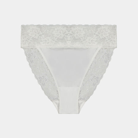 Lace Trim High Cut Brief in WHITE. Flat lay front view
