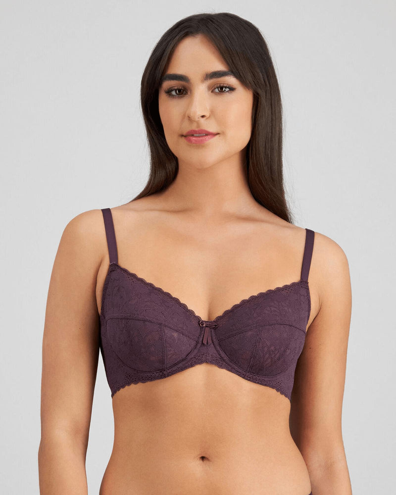 Model wears Hazel Underwire Bra in PLUM PERFECT. On body front view