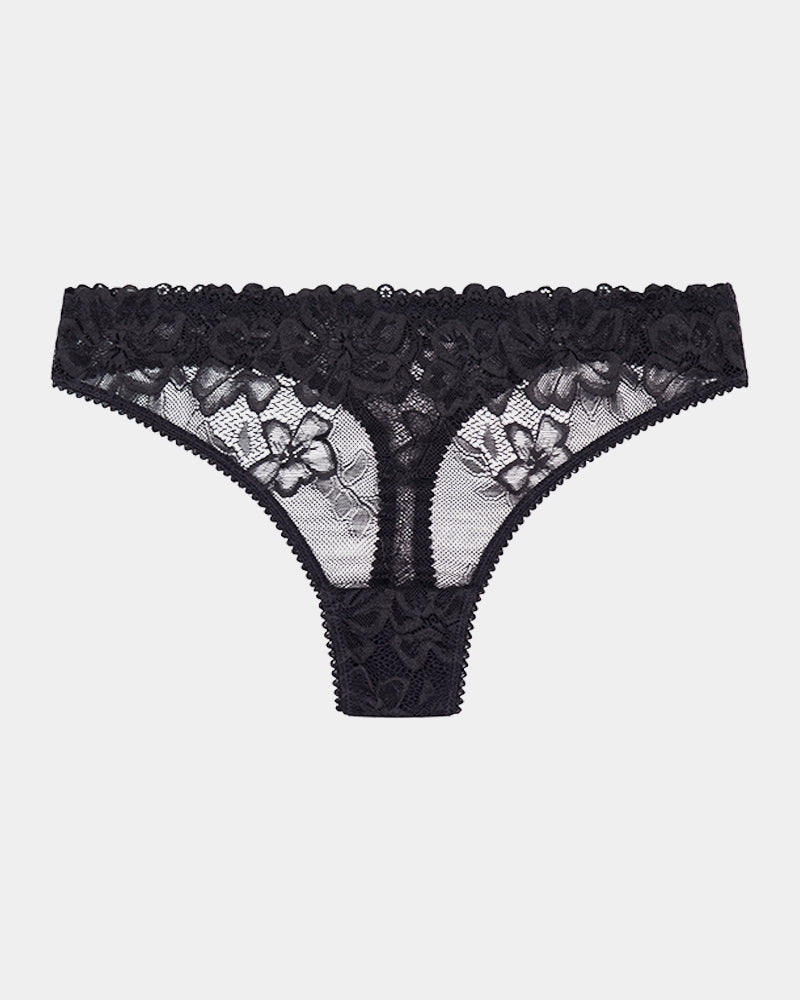 All Lacey Thong in BLACK. Flat lay front view