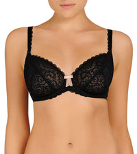 Model wears Ece Queen Underwire Bra in BLACK/SOFT PINK. On body front view