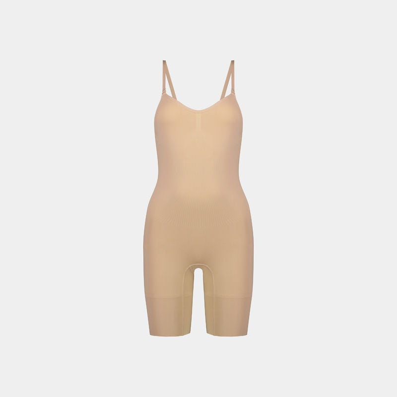 Medium Control Jumpsuit in CARAMEL. Flat lay front view