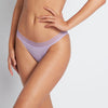 Model wears Stripe Elastic & Papertouch Tanga in CHALK VIOLET. On body side view