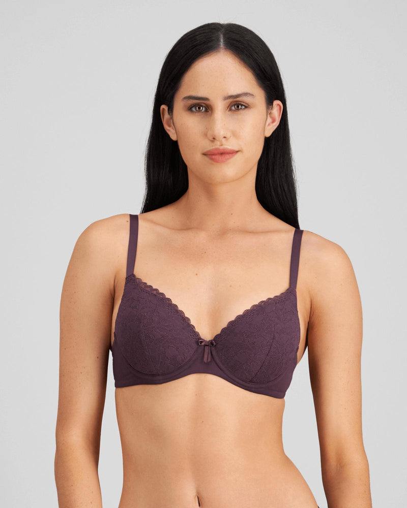 Model wears Hazel Contour Bra in PLUM PERFECT. On body front view