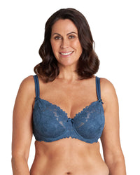 Model wears Alice Underwire Bra in BLUE WING TEAL. On body front view