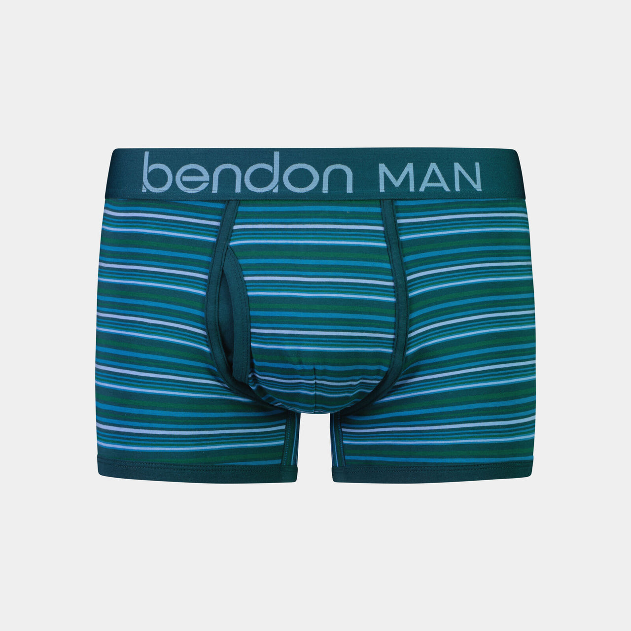 Bold Stripe Mens Trunk in DEEP TEAL/DEEP LAKE. Flat lay front view
