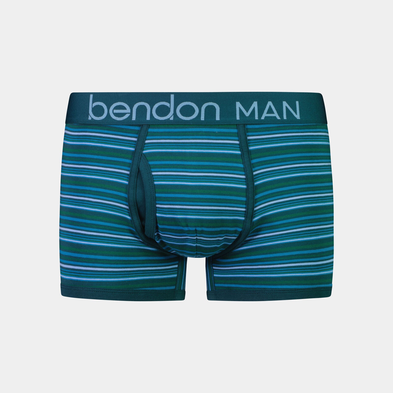 Bold Stripe Mens Trunk in DEEP TEAL/DEEP LAKE. Flat lay front view