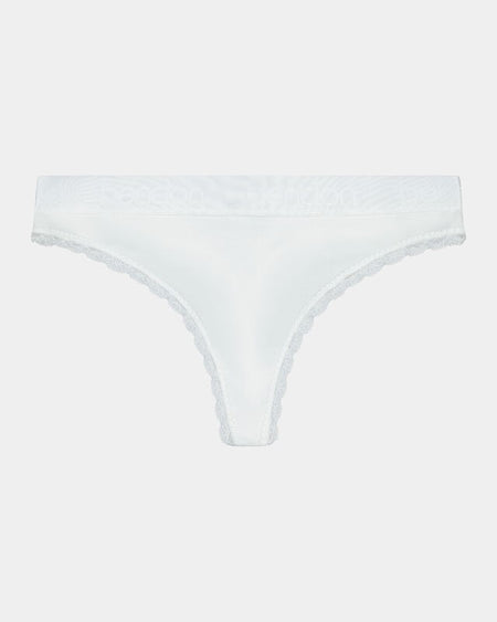 Cotton Logo Thong in WHITE. Flat lay front view