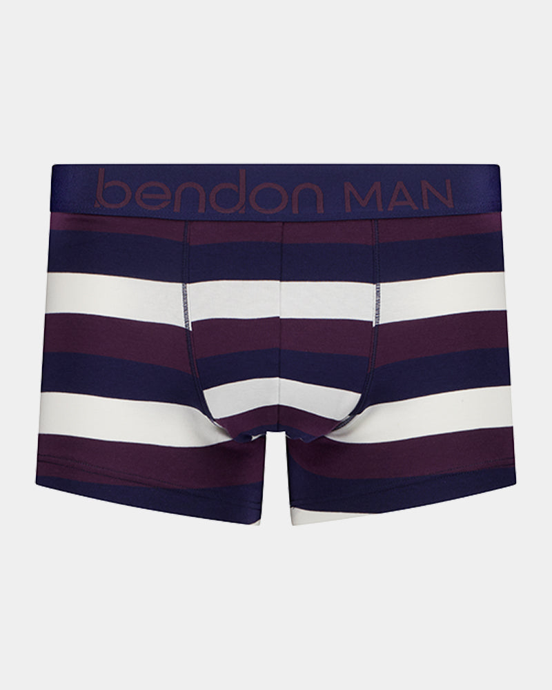 Rugby Stripe Mens Trunk in PEACOAT/PLUM/WHITE. Flat lay front view