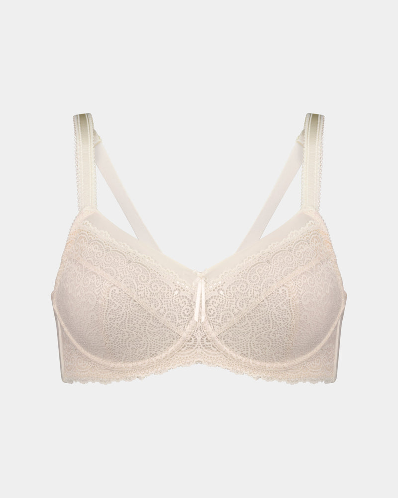 Delicate Lace Underwire Bra in IVORY/CREAM TAN. Flat lay front view