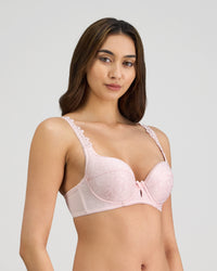 Model wears Damask Contour Bra in PALE LILAC. On body side view