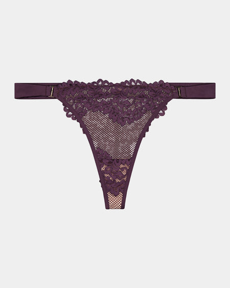 Nova Rosa Thong in PLUM PERFECT. Flat lay front view