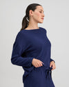 Model wears Relaxed Rib Long Sleeve Pj Top in NAVY BLAZER. On body side view
