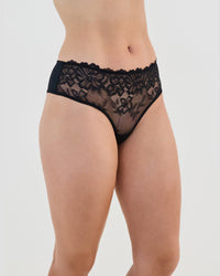 Model wears Lacey Brazilian in BLACK. On body side view